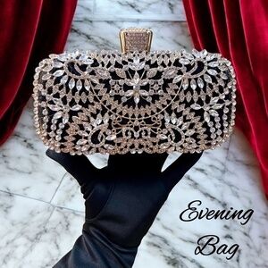 Crystal Rhinestone Embellished Black Evening Bag w/Handle & Chain Strap NWT